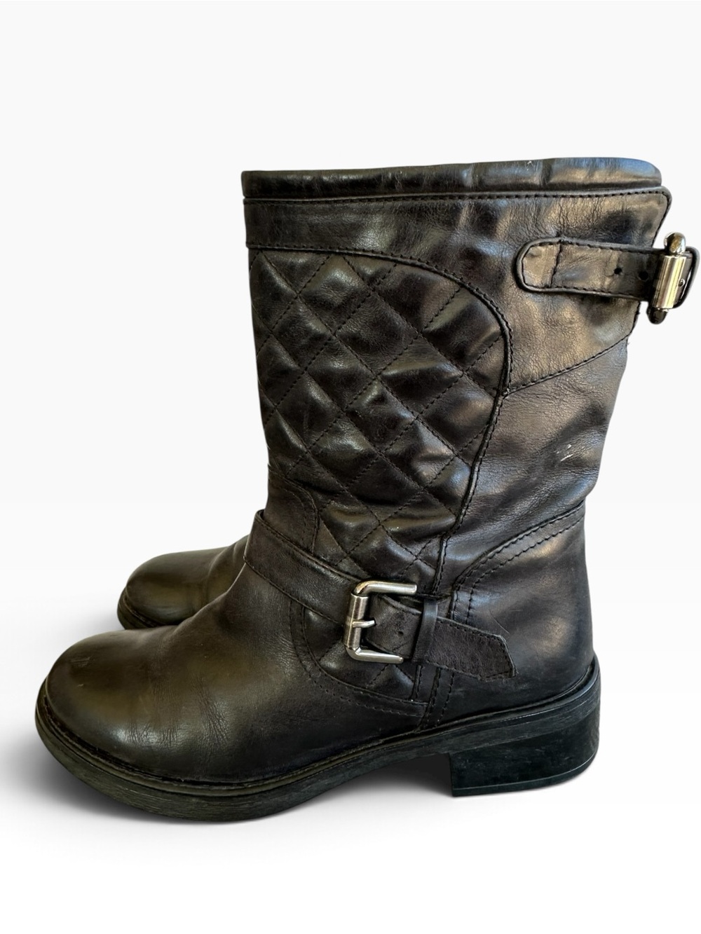 Aquatalia Sweetie Moto Boots Black Quilted Mid-Calf with Buckle Made in Italy